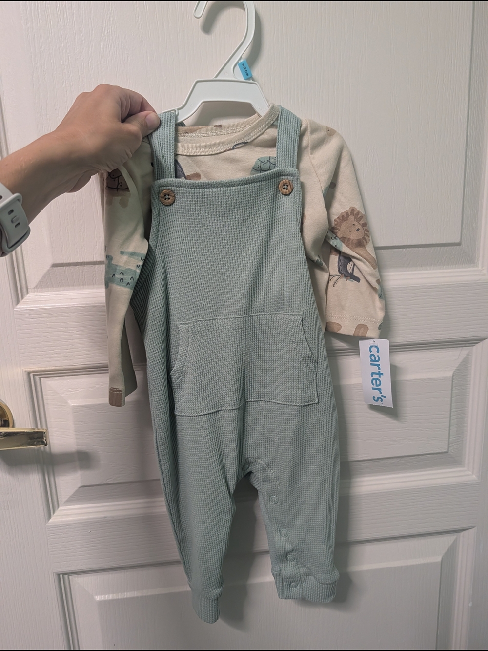 Carter's Sage Green Waffle Knit Overalls with Pocket